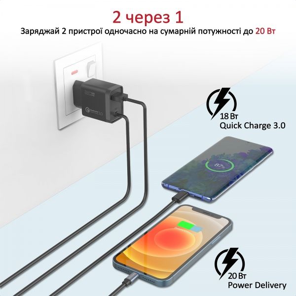 Зарядное устройство Promate iCharge-PDQC3 20Вт PD Lightning connector+USB QC3.0 Black 