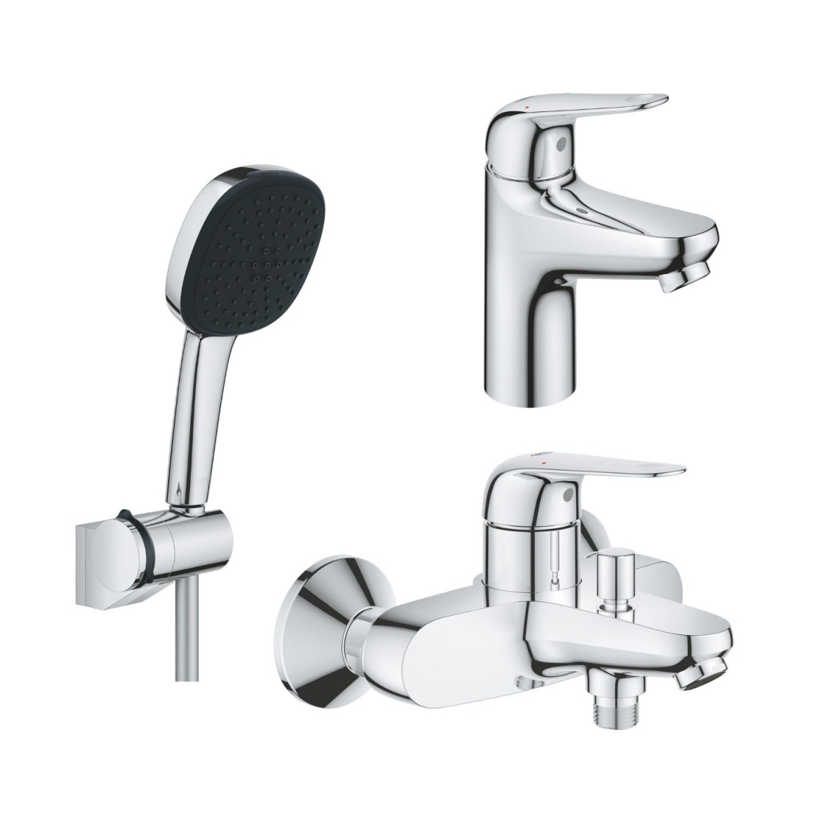 Набір змішувачів Grohe 3 в 1 (змішувач для умивальника, змішувач для ванни, душовий комплект) 24318001+24335001+26943001 — фото 1
