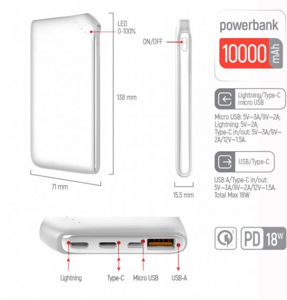 Внешний аккумулятор (Powerbank) ColorWay Soft touch Ligthning + USB QC3.0 + USB-C PD 18W 10000 mAh white (CW-PB100LPE3WT-PD) 