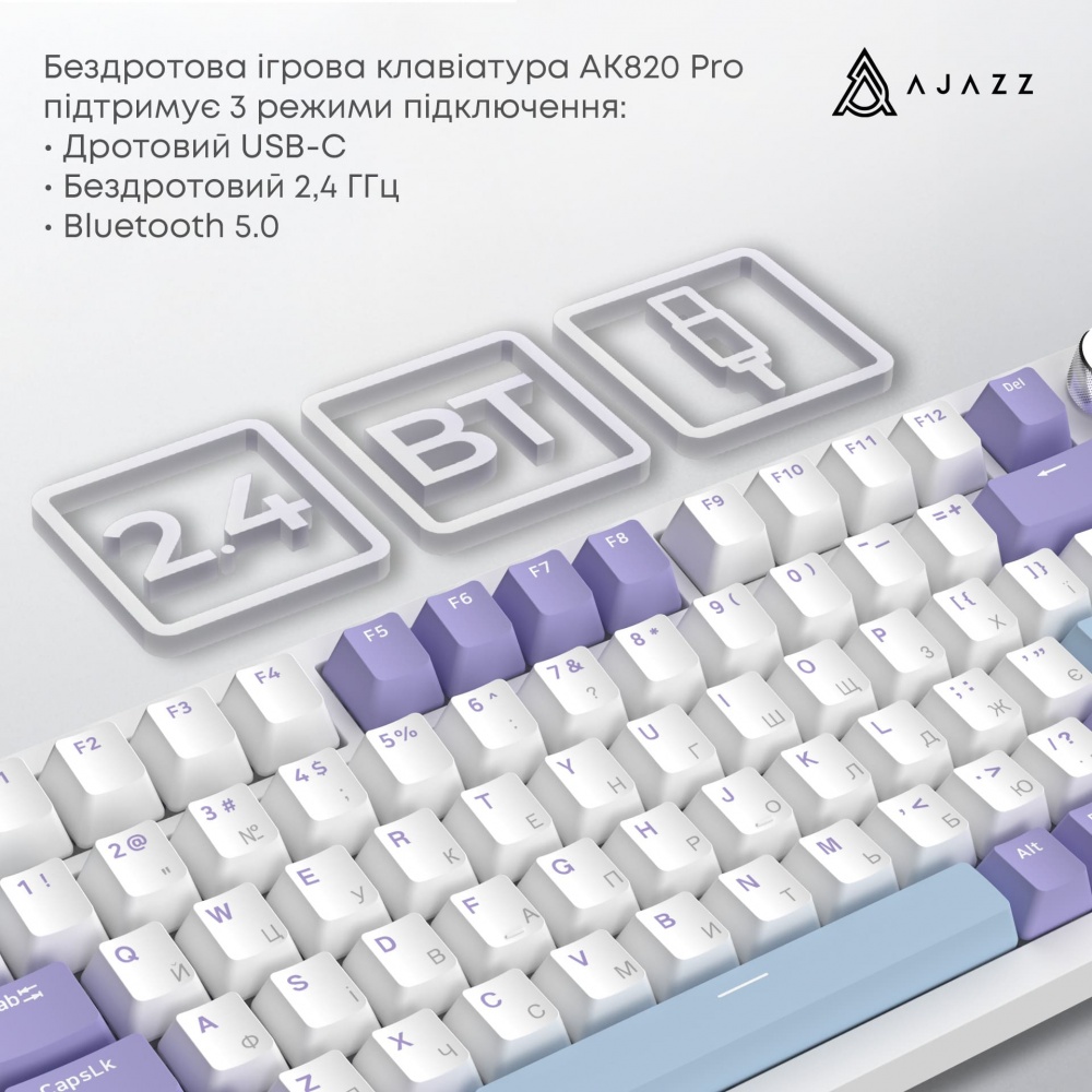 Клавіатура бездротова Ajazz AK820 Pro Flying Fish Switch (AK820PRO-FF-PWB) white
