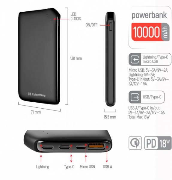 Внешний аккумулятор (Powerbank) ColorWay Soft touch Ligthning + USB QC3.0 + USB-C PD 18W 10000 mAh black (CW-PB100LPE3BK-PD) 