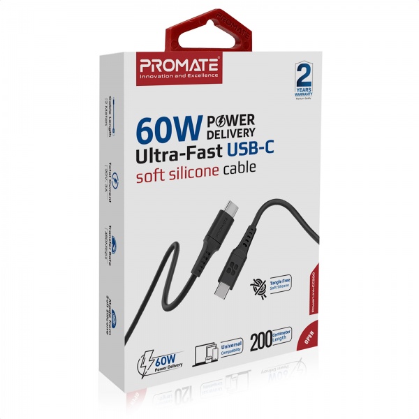 Кабель Promate PowerLink-CC200 USB-C to USB-C 60 Вт Power Delivery 2 м чорний (powerlink-cc200.black) 
