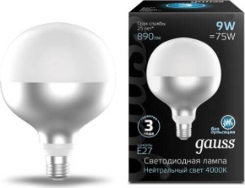 Лампа светодиодная Gauss Black FIL mirror-milky G125 9 Вт E27 4000 К 220 В матовая 1014802209 