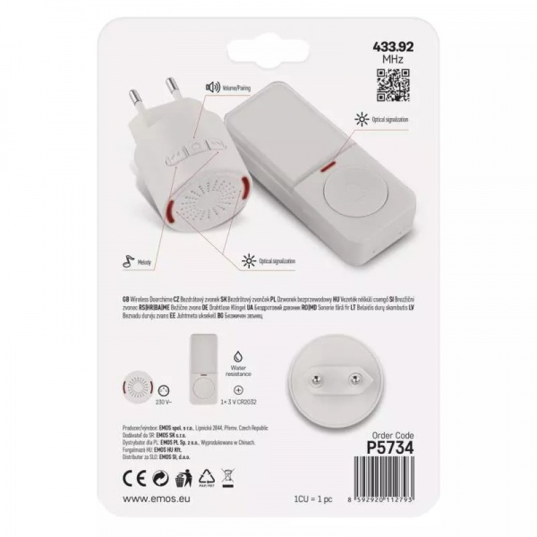 Звонок беспроводной в розетку Emos белый P5734