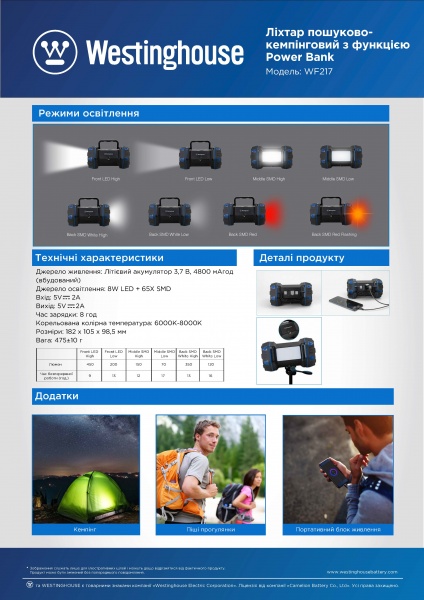 Фонарь поисково-кемпинговый Westinghouse WF217-CB 8W LED COB с функцией Power Bank