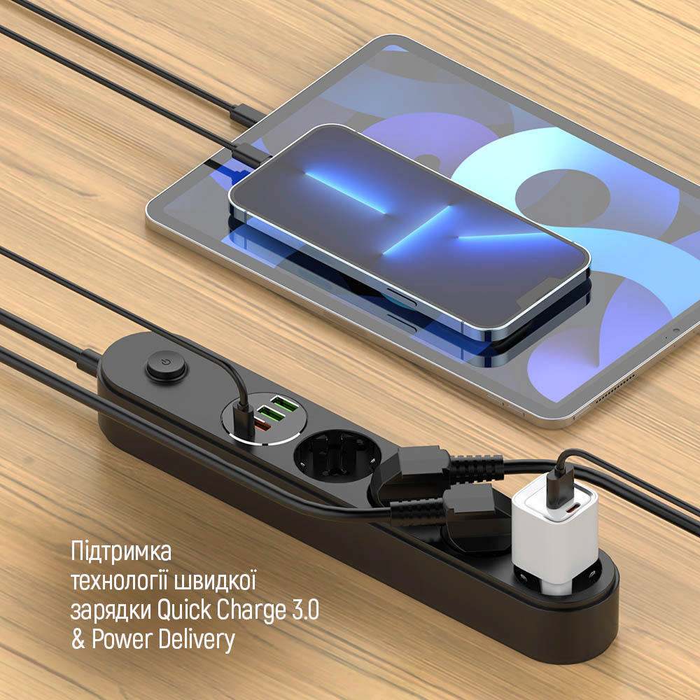 Сетевой фильтр ColorWay 4USB (Type-C PD20W + 3USB QC3.0) (45W) с заземлением 4 гн. черный 2 м CW-CHE44PDB