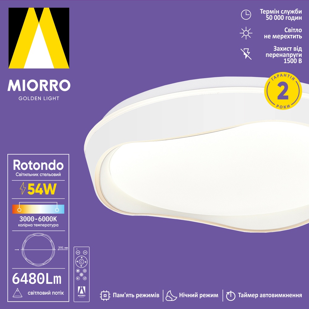 Світильник стельовий Miorro LED Rotondo з пультом 6480 Лм ∅395 мм 54 Вт білий 51-313-032