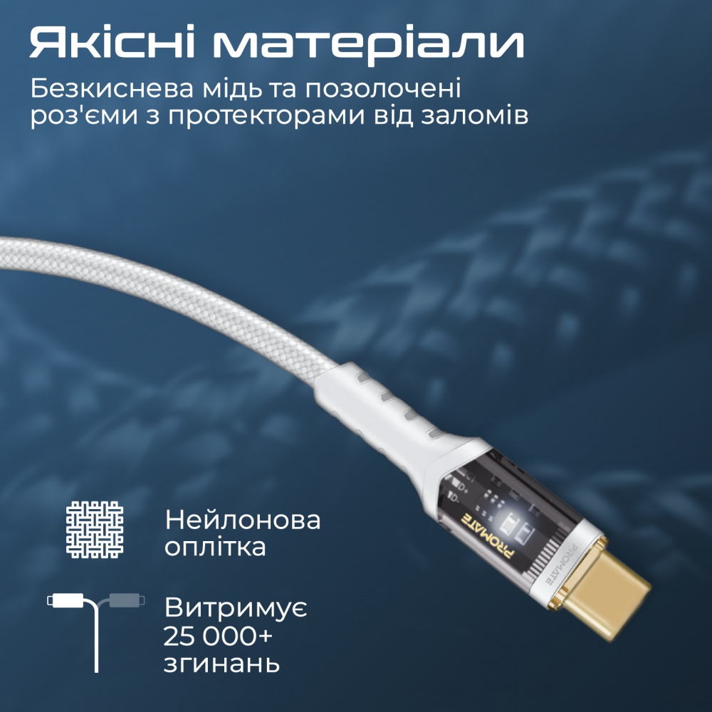 Кабель Promate Lucidline-CC120 USB-C to USB-C 100W Power Delivery 1,2 м white (lucidline-cc120.white)