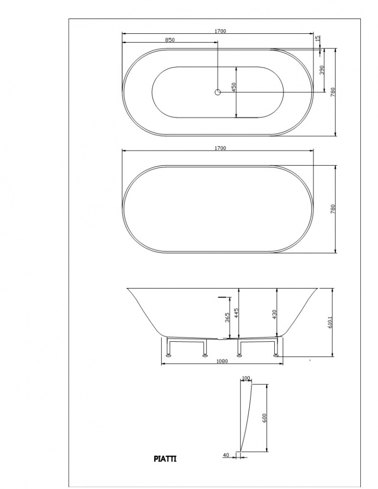 Ванна акриловая Diamond PIATTI 1700х780 см