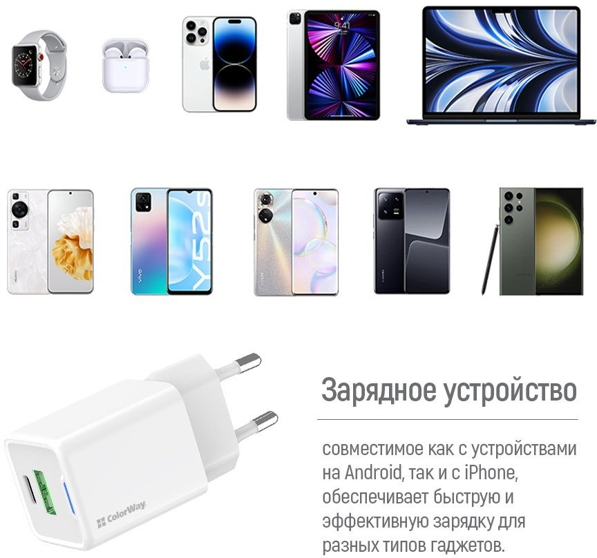 Мережевий зарядний пристрій ColorWay GaN Mini 35W PD Port PPS USB (Type-C PD + USB QC4.0) білий (CW-CHS055PD-WT)