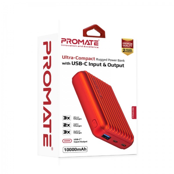 Универсальная мобильная батарея Promate 10000 mAh red (titan-10c.red) Titan-10C 10000 мАч, USB-C, USB-A 