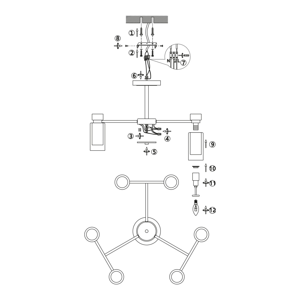 Люстра Miorro Leone метал/скло 6x40 Вт E14 чорний 51-311-080