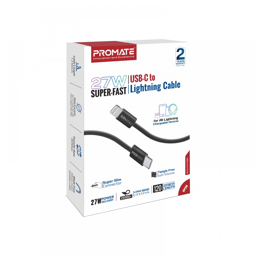 Кабель Promate EcoLine-Ci120 USB-C to Lightning 27W Power Delivery 1,2 м black (ecoline-ci120.black)