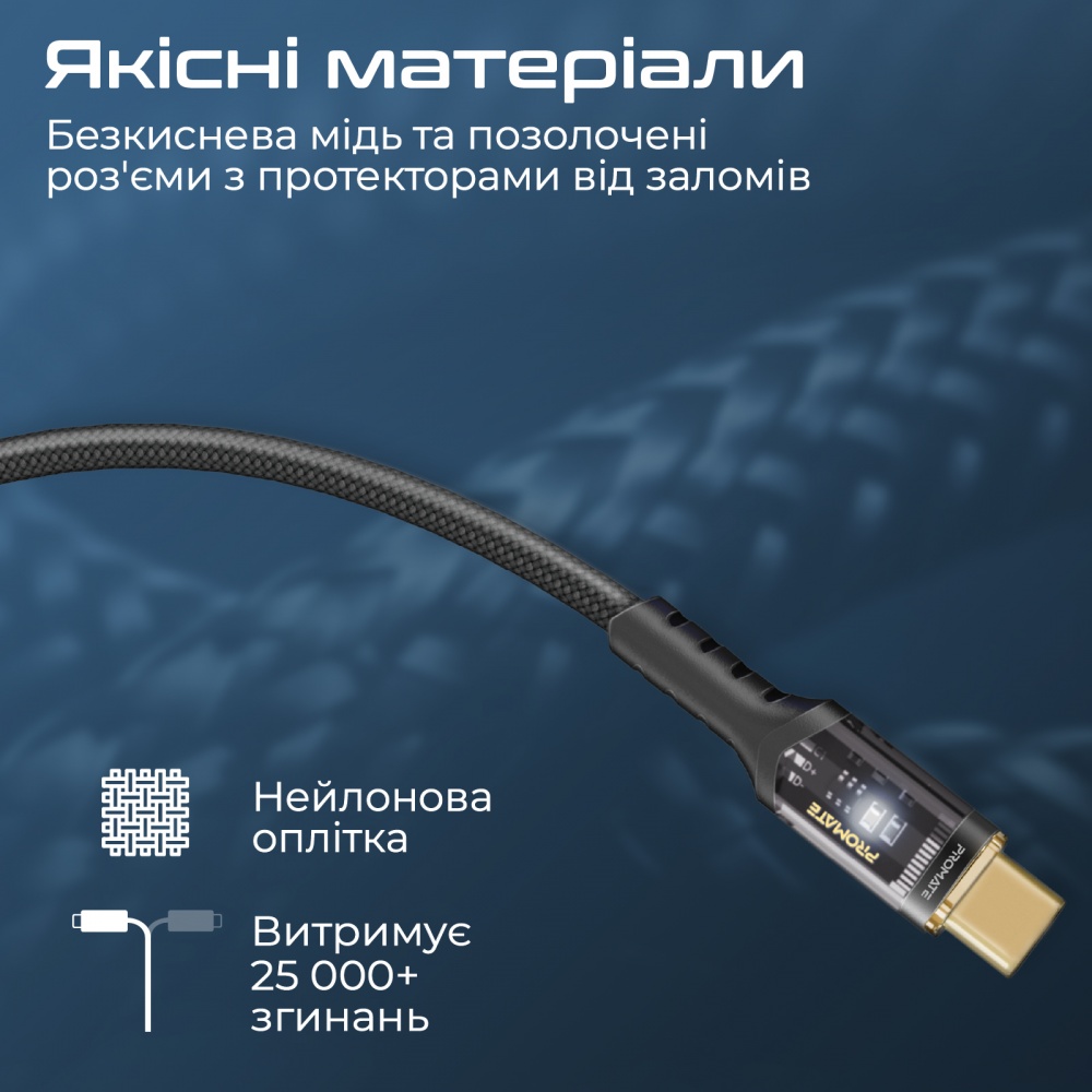Кабель Promate Lucidline-CC120 USB-C to USB-C 100W Power Delivery 1,2 м black (lucidline-cc120.black)