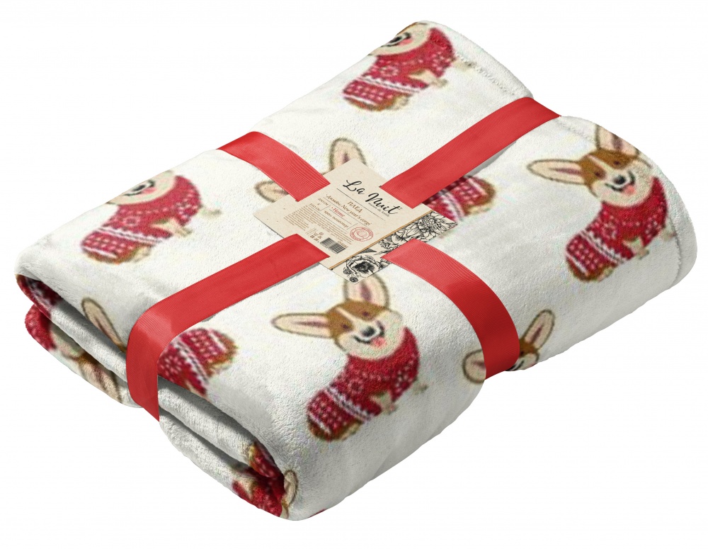 Плед флісовий New Year's Corgi 160x200 см бежевий із червоним La Nuit