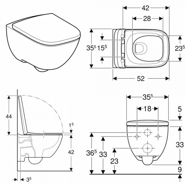 Унітаз підвісний Geberit MODO Square Rimfree 502.827.00.1 з швидкоз'ємним сидінням soft-close
