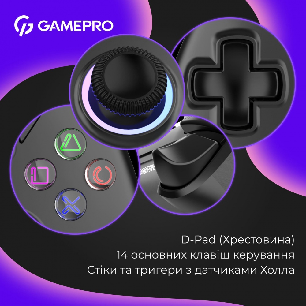 Геймпад бездротовий GamePro GPS13B BT 5.3/USB (PC/iOS/Android/PS3/PS4) RGB Black black