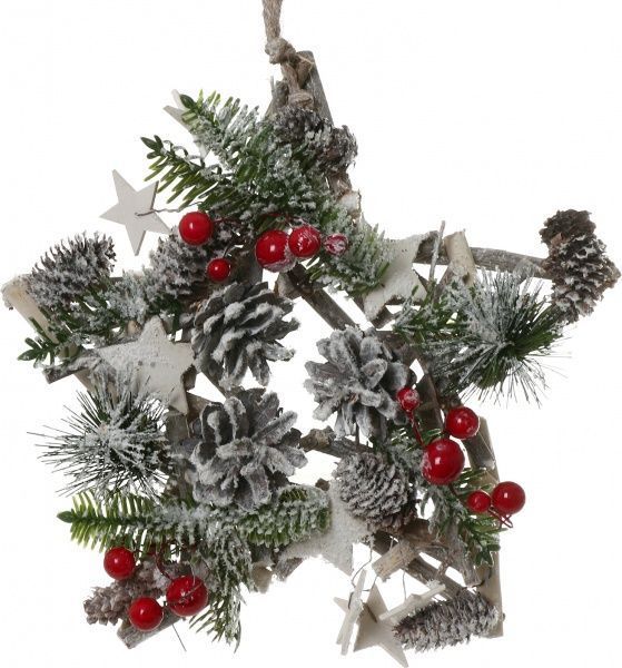 Новогодняя декорация с хвоей, шишками и ягодами 23 см