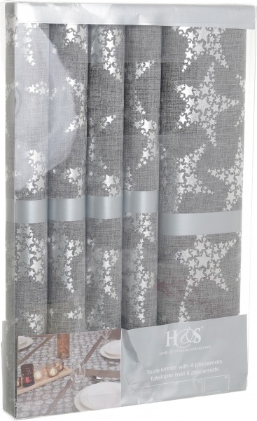 Набір KM скатертина 35х180 см серветка 35х45 см - 4шт Stars grey поліестер сірий KM 