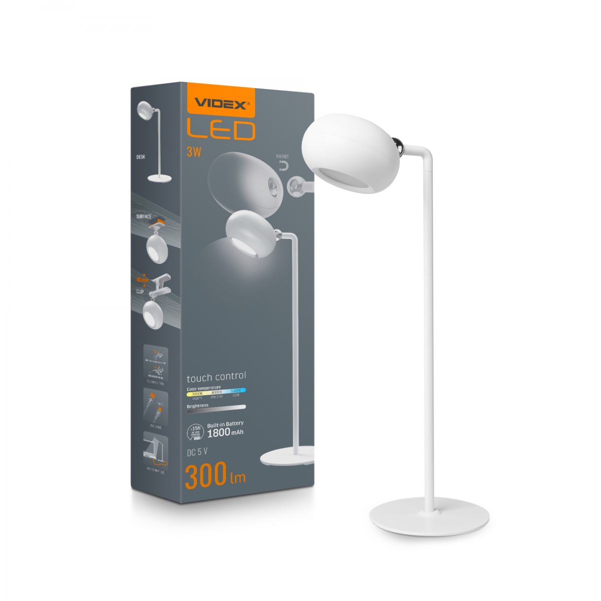 Настольная лампа аккумуляторная Videx LED VLE-TF18W 1x3 Вт без цоколя белый 27856 — фото 1