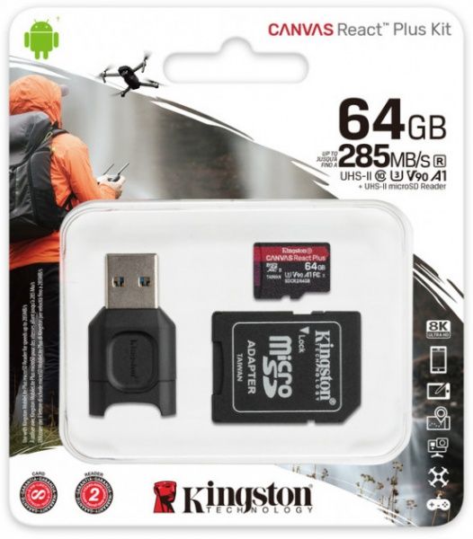 Карта памяти Kingston microSDXC 64 ГБ UHS-II Class 3 (U3) (MLPMR2/64GB) React Plus + MLPM Reader REACT Plus SDCR2 W/AD 