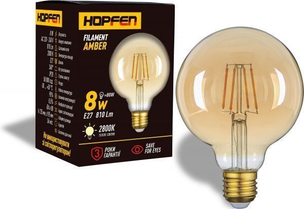 Лампа светодиодная Hopfen FIL Amber G95 8 Вт E27 2800 К 220 В желтая 