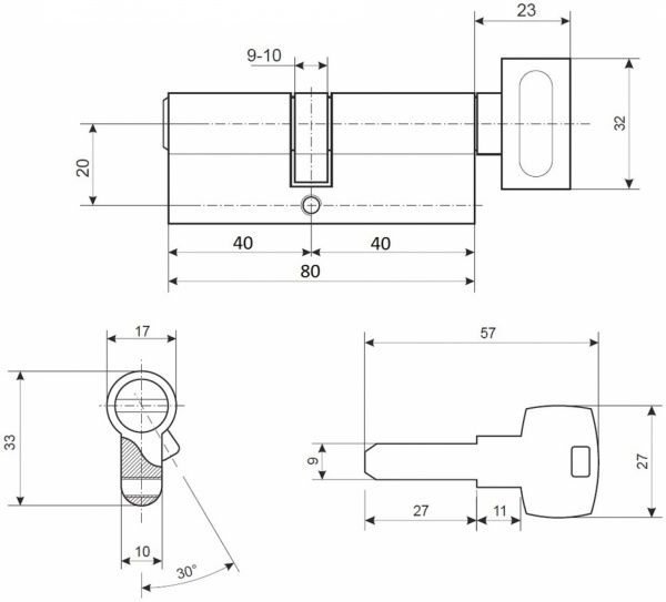 Цилиндр Apecs EM-80-C-G (CIS) 40x40 ключ-вороток 80 мм желтый