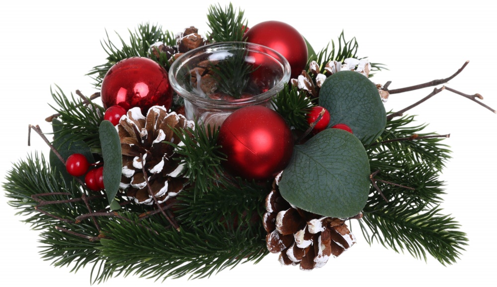 Подсвечник хвойный с шарами, ягодами и шишками 24x8 см красный WJ242081