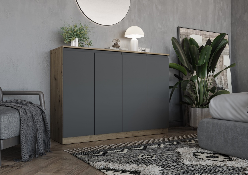 Комод Грейд Эстер-3 4д J-pull 1400x1010x442 мм дуб артизан/графит серый