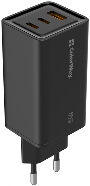 Зарядное устройство ColorWay GaN3 Pro Power Delivery (USB-A + 2 USB TYPE-C) (65W) black (CW-CHS039PD-BK) 