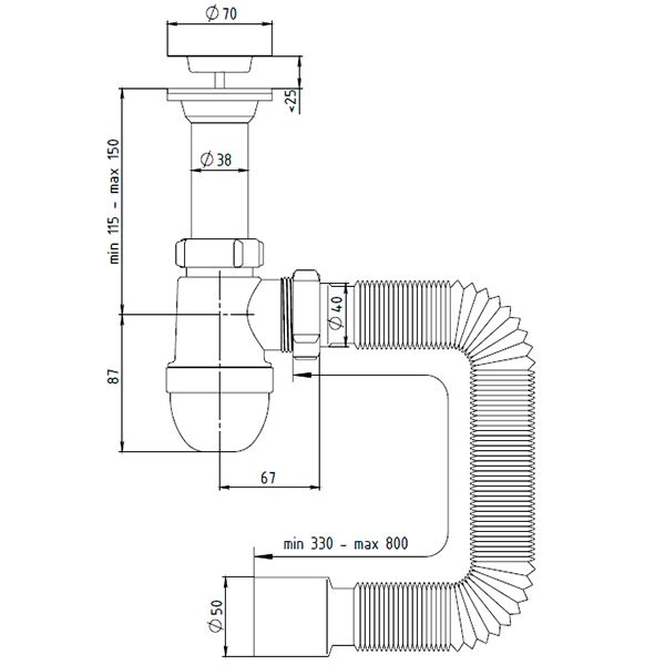 Сифон для умывальника Water House монолитный выпуск, сетка, гибкая труба 40 * 50 LN 02.01