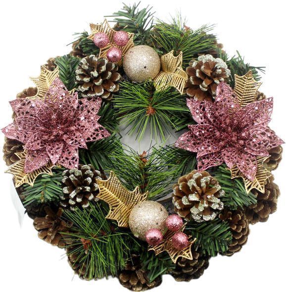 Венок новогодний с хвоей, розовыми пуансетиямы, шарами и шишками d300 мм EPI-W01-1305/4 