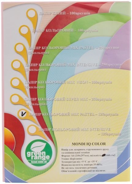 Папір офісний UniColor A4 160 г/м Mix Pastell 125 аркушів різнокольоровий 