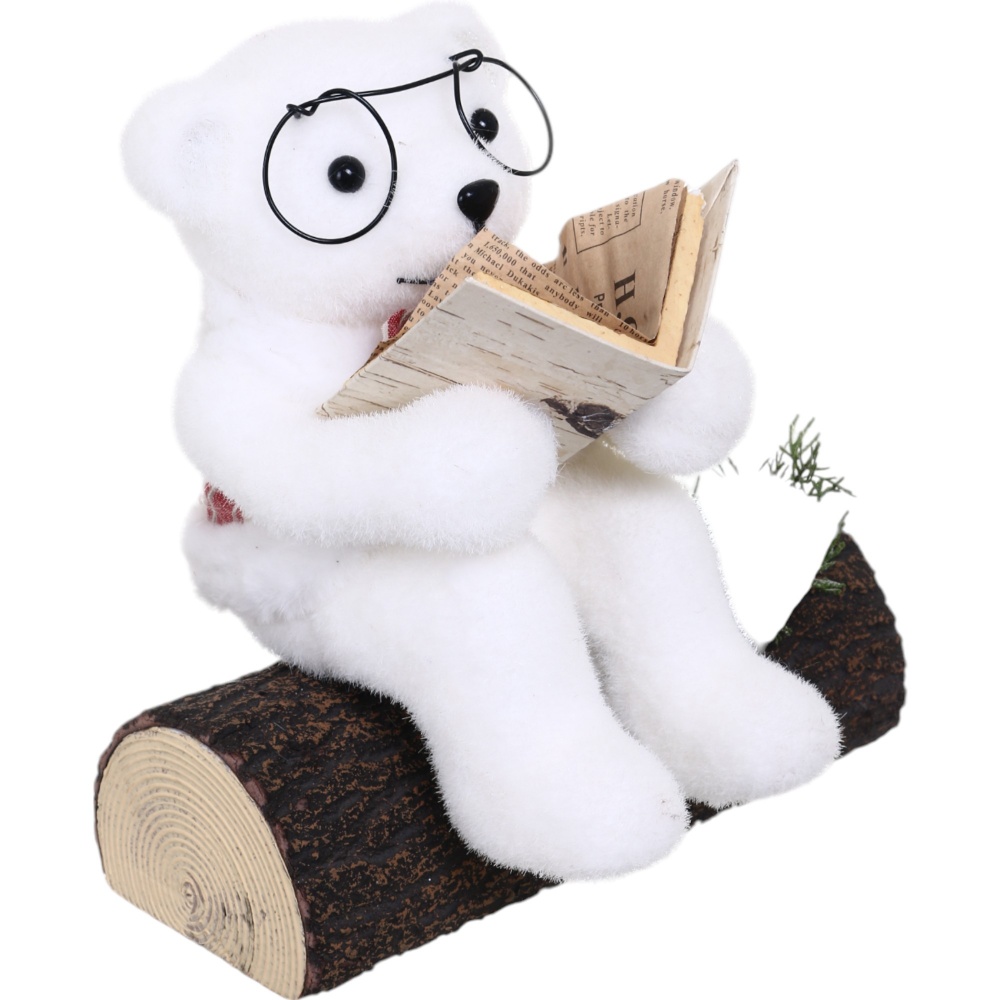 Декорация новогодняя мишка читает на пеньке белый 24х20 см.