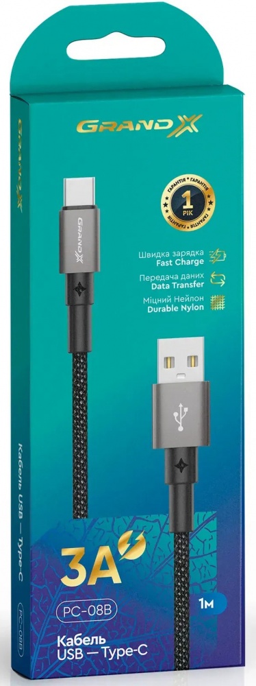 Кабель Grand-X USB — Type-C 1 м чорний (PC-08B)