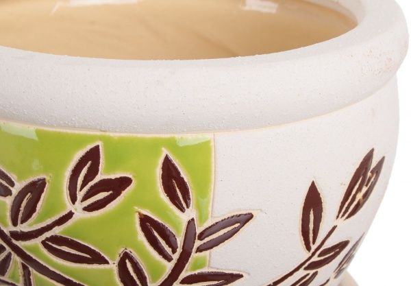 Горшок Viet Thanh Ceramic с блюдцем веточка 23х16 см VT.11004-2 круглый белый с салатовым 