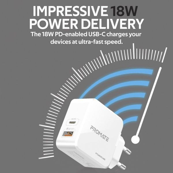 Зарядное устройство Promate PowerCube 36Вт Type-C PD + USB QC3.0 (powercube.white) 