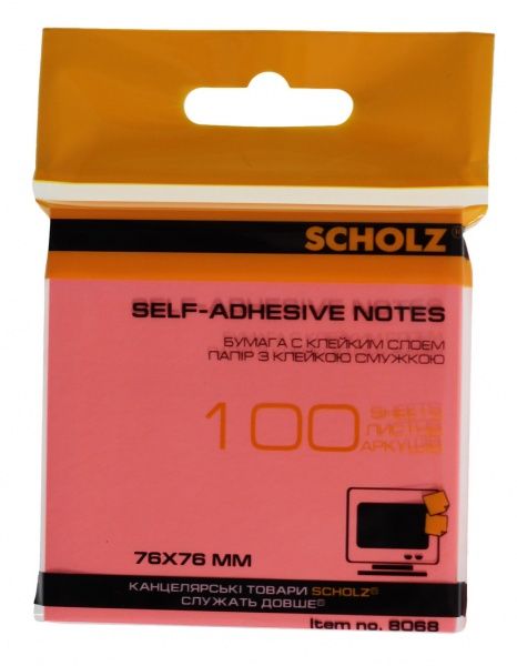Бумага для заметок с липким слоем 76х76 мм 100 лист. неон цвет в ассортименте 8068 SCHOLZ