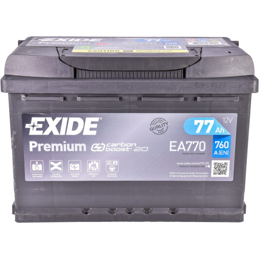 Аккумулятор автомобильный EXIDE Premium EA770 77Ah 760A 12V «+» справа (EA770)