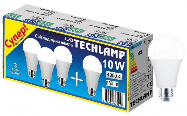 Лампа світлодіодна Techlamp ПРОМО-ПАК 3+1 шт. 10 Вт A60 матова E27 220 В 4000 К 