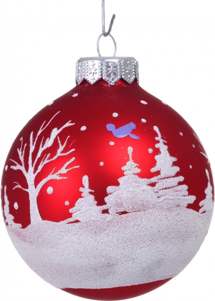 Куля новорічна з простим пейзажним малюнком d 80 мм помаранчевий