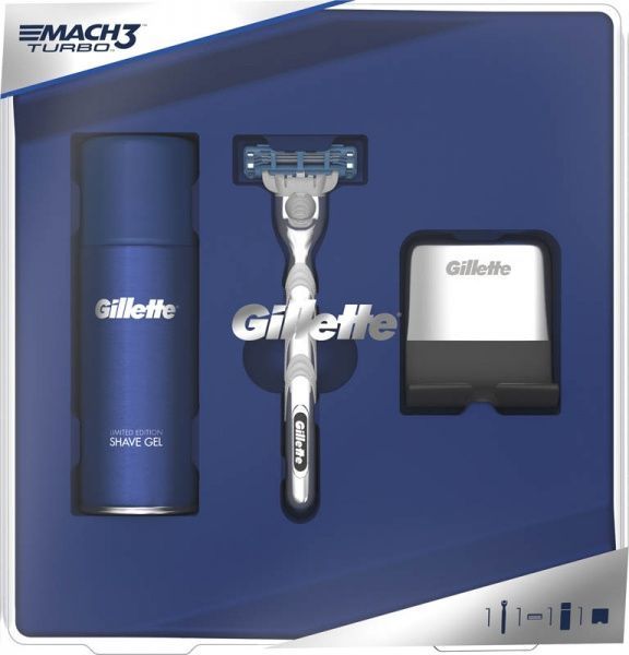 Подарочный набор для мужчин Gillette бритва Mach3 Turbo + гель для бритья + крепление