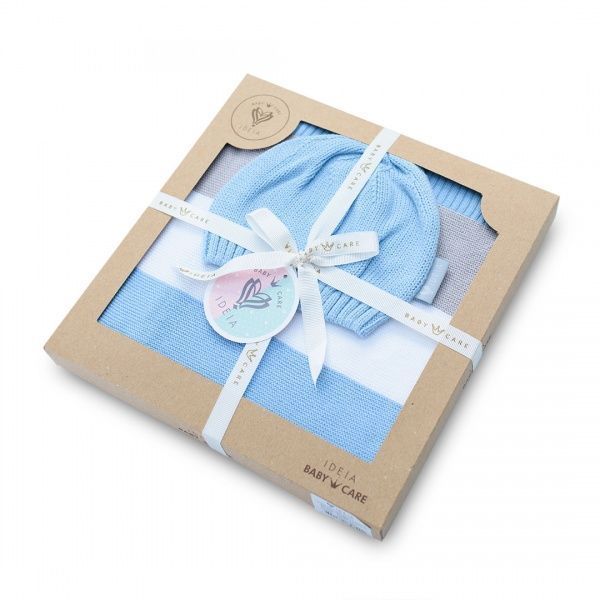 Плед IDEIA вязаный Малыш + шапочка 70х90 см голубой 8000029909 