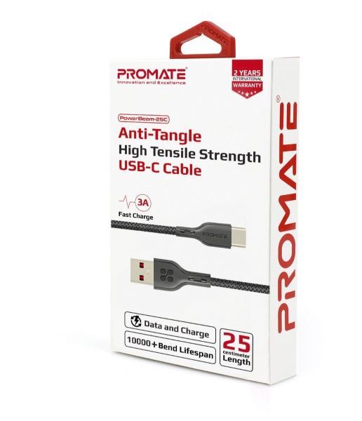 Кабель Promate USB Type-C – USB 0,25 м чорний (powerbeam-25c.black) 