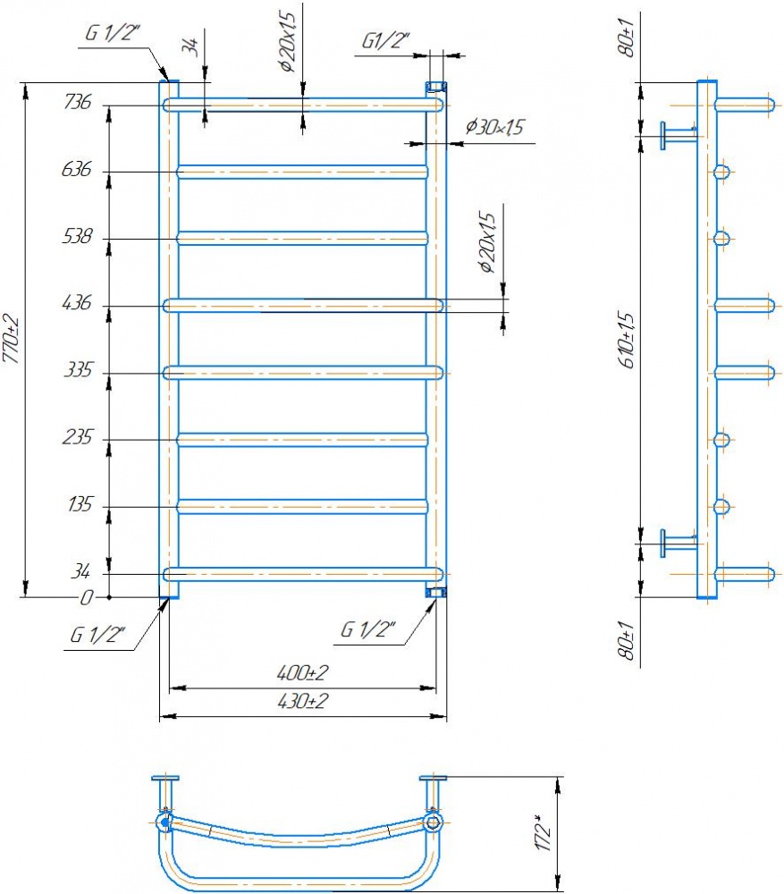 Полотенцесушитель водяной Mario INOX Люкс 770х430/400