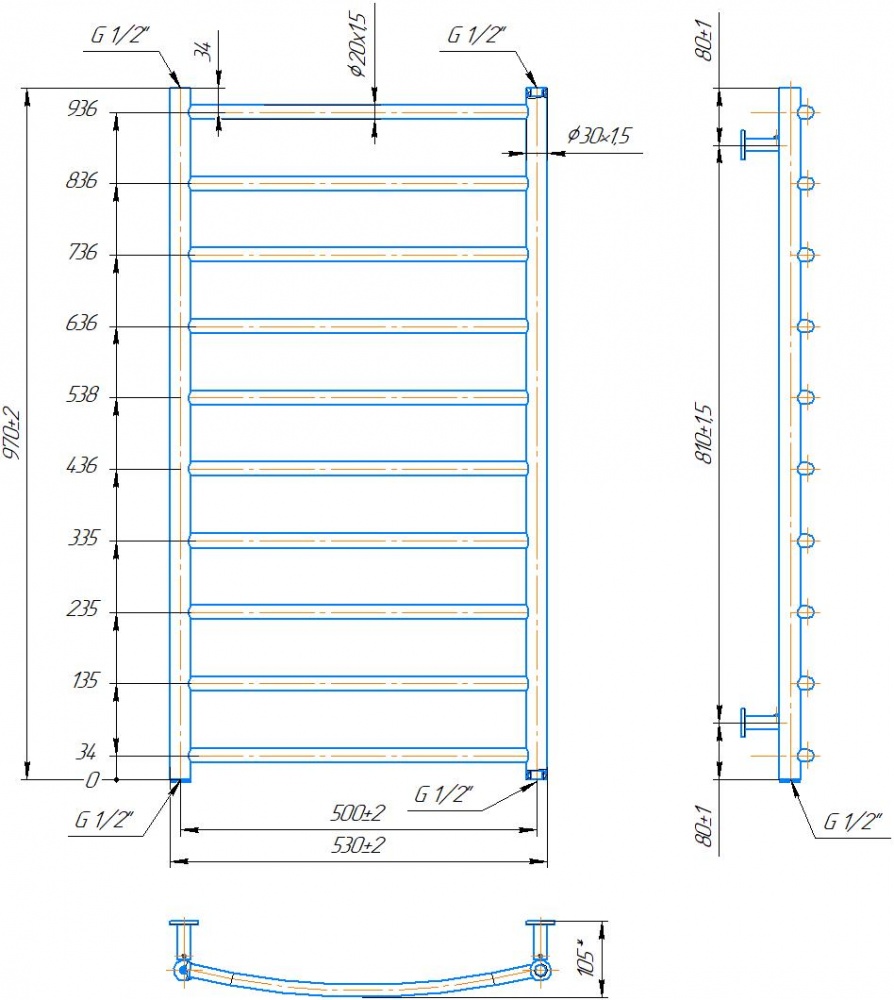 Полотенцесушитель водяной Mario INOX Классик 970х530/500