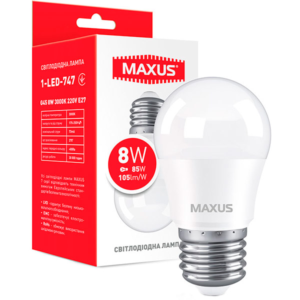 Лампа светодиодная Maxus 8 Вт G45 матовая E27 220 В 3000 К 1-LED-747 