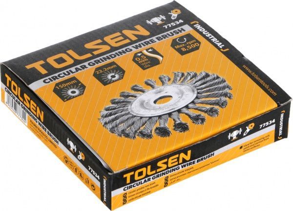 Щетка дисковая плетеная 150мм х 22.2мм, стальная проволока 0.3мм Tolsen 77534
