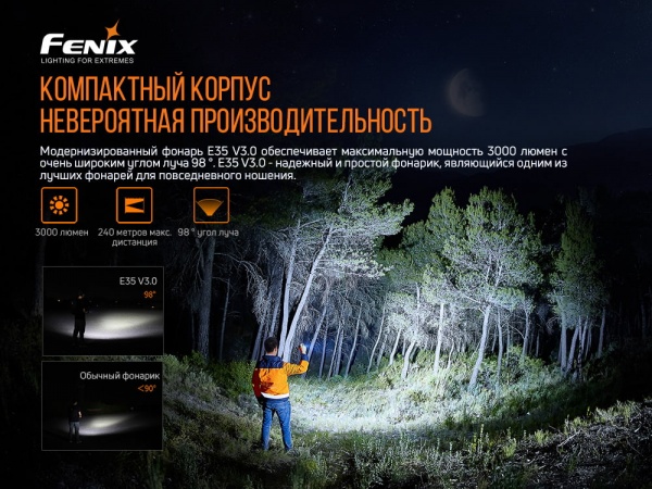 Ліхтарик Fenix РУЧНИЙ E35 V3.0. 3000лм, 240м чорний