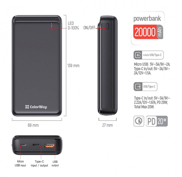 Универсальная мобильная батарея ColorWay 20000 mAh black (CW-PB200LPD2BK) 
